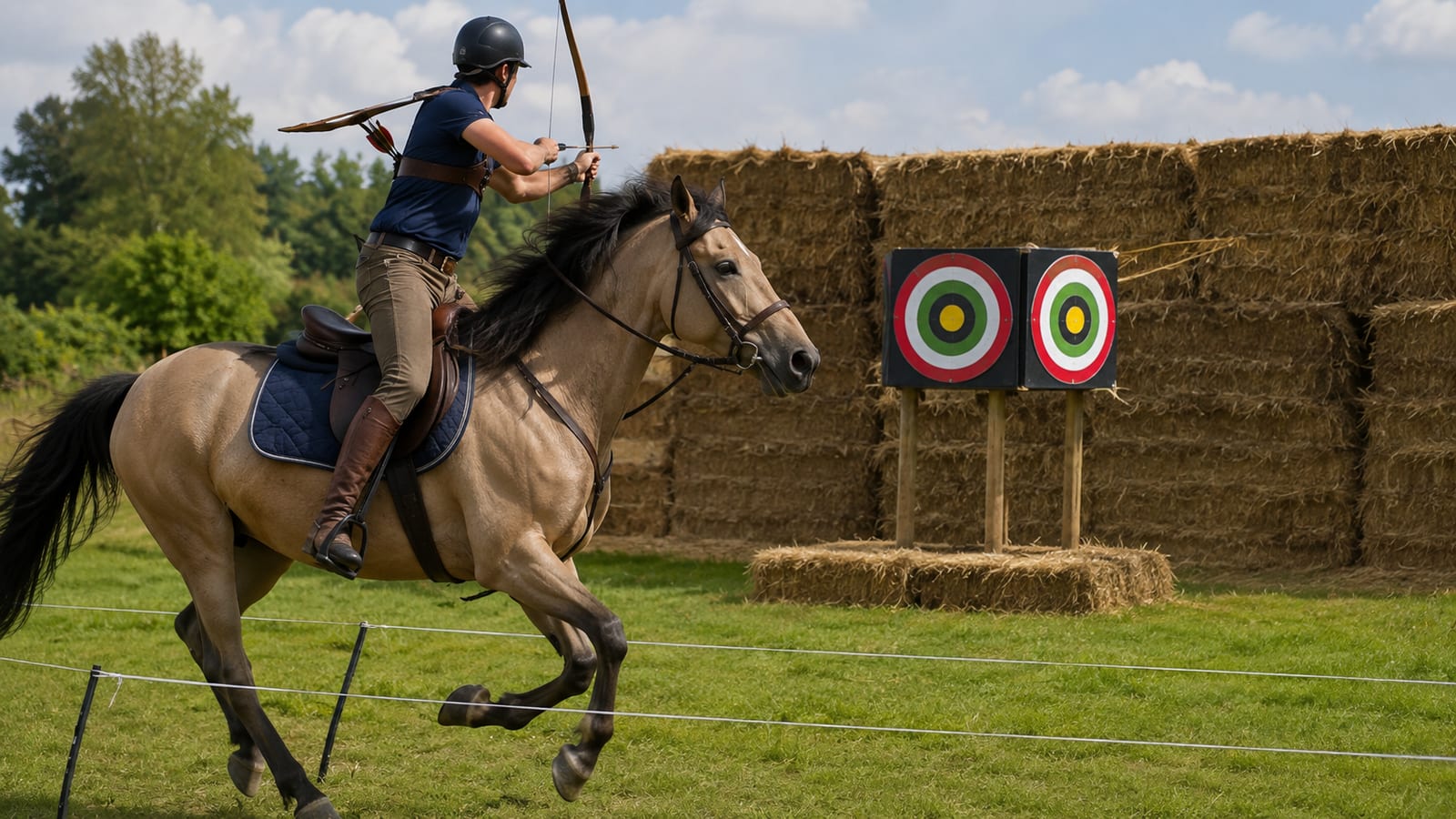 Cavalier tirant à l'arc au galop vers deux cibles colorées, lors d'une épreuve de tir à l'arc à cheval.